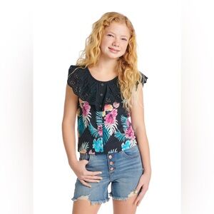 Justice Black and Pink Ruffled Blouse with Lace Neckline